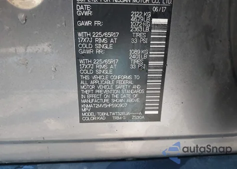 2017 Nissan Rogue Sv z USA, uszkodzony, nr VIN KNMAT2MV5HP590907